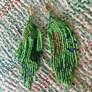 Greens, turquoise, sage green beaded fringe earrings